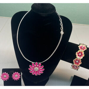 Women's Silver Adjustable Choker Chain Pink Flower Charm Earrings Braclet (0264)